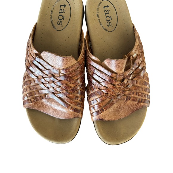 Taos Women's Size 8 Guru Cognac Leather Comfort Woven Slide Sandals Spain NEW - Picture 6 of 10